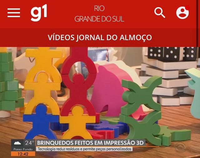 Brinquedos sustentáveis da SisperDesign feitos em impressão 3D exibidos em reportagem do Jornal do Almoço em Porto Alegre